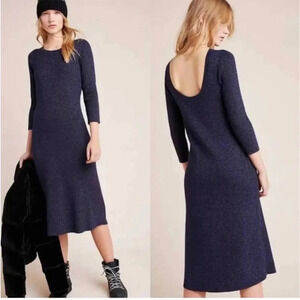 Anthropologie Selena Navy Shimmer Ribbed MIDI Sweater Dress Size M